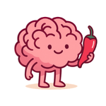 Friendly pink brain mascot holding a small red pepper
